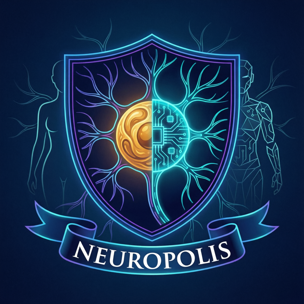 Государственный герб Нейрополиса — стилизованный нейрон с двумя ядрами (органическим и цифровым) внутри геральдического щита, с девизом Mens Sine Finibus